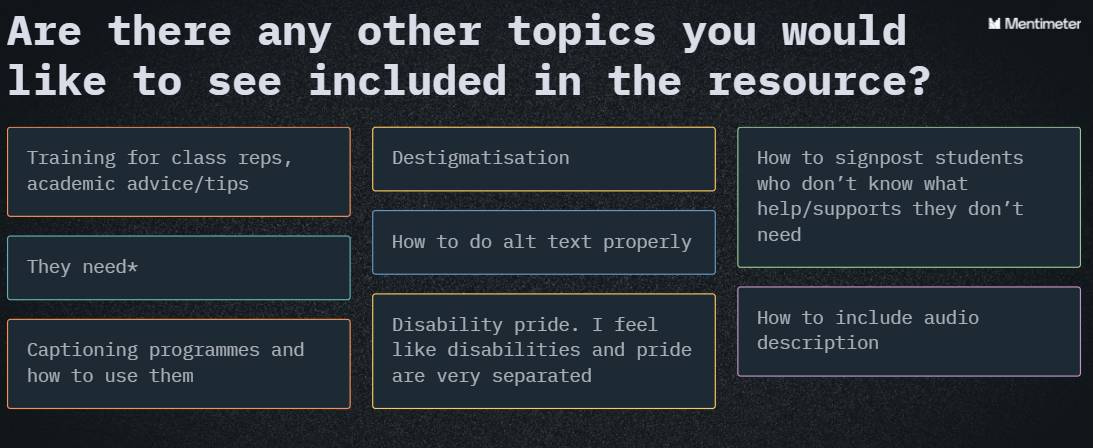 Image of feedback from Mentimeter: Other topics participants would like included in Allyship resource - Training for class reps, academic advice/tips; they need; how to do captioning; destigmatisation; how to do alt text; disability pride; signposting supports; how to include audio description